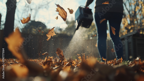 A gardener uses a leaf blower to remove dry leaves from his lawn. An active woman uses a leaf blower to remove leaves in her backyard. photo