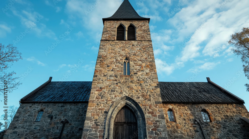 Historic Stone Church with Steeple Under Clear Sky Surrounded by Trees, Showcasing Unique Architecture and Serene Environment in Rural Landscape Setting Historic Stone Church with Steeple Under Clear Sky Surrounded by Trees, Showcasing Unique Architecture and Serene Environment in Rural Landscape Setting