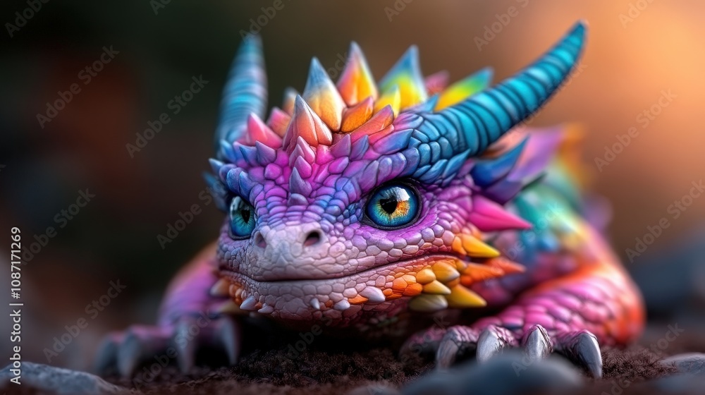 A vibrant baby dragon with intricate scales and colorful horns rests playfully on the forest floor, illustrating a fantasy setting filled with wonder and charm. A vibrant baby dragon with intricate scales and colorful horns rests playfully on the forest floor, illustrating a fantasy setting filled with wonder and charm.