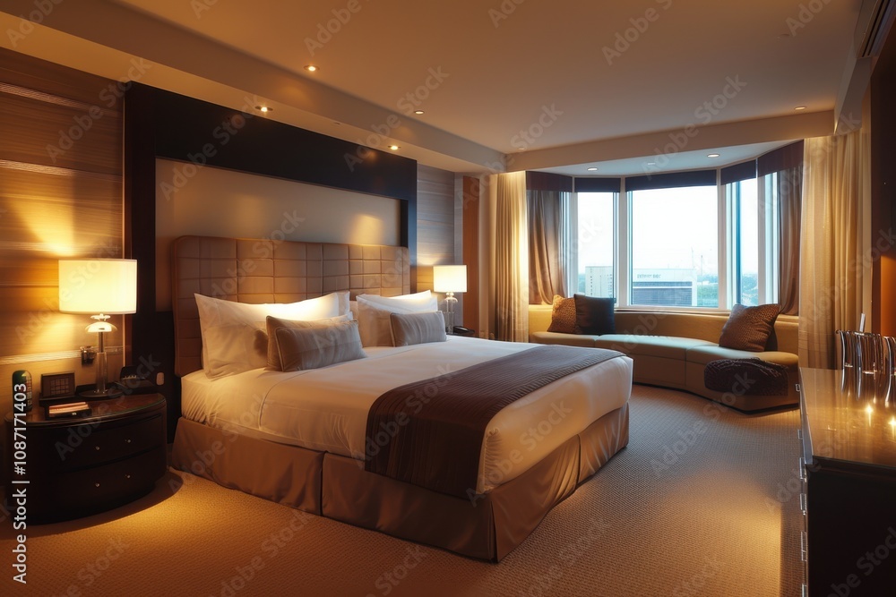 Luxury Hotel Room Tour Shows Comfortable Bed, Soft Lighting, and City View Luxury Hotel Room Tour Shows Comfortable Bed, Soft Lighting, and City View