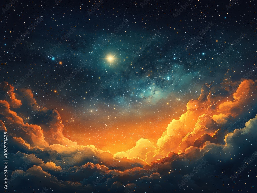 Nostalgic illustration of retro-style clouds in a celestial landscape with cosmic elements Nostalgic illustration of retro-style clouds in a celestial landscape with cosmic elements