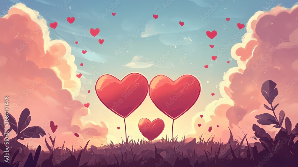 A painting of two red hearts with a third heart in the middle. The painting is of a field with clouds in the background A painting of two red hearts with a third heart in the middle. The painting is of a field with clouds in the background