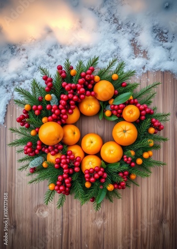 Christmas wreath with tangerines cranberries thuja branches kumquats christmas conposition flat lay top view christmas wreath decoration holiday frame photo