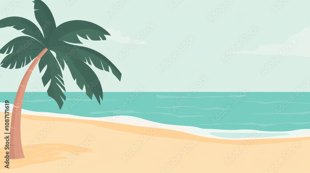 Obraz premium Serene Tropical Beach Scene with Palm Tree and Calm Ocean Waves Under a Clear Sky, Perfect for Relaxation and Vacation Themes