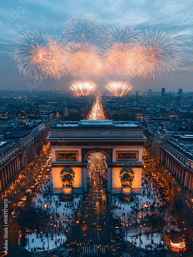 Arc de Triomphe fireworks display at night. photo