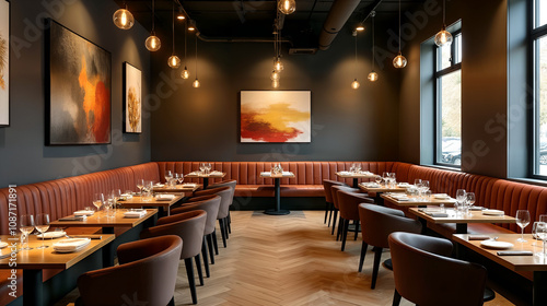 Refined Restaurant Interior with Tufted Tube Panel Walls and Elegant Tables Surrounded by Contemporary Art