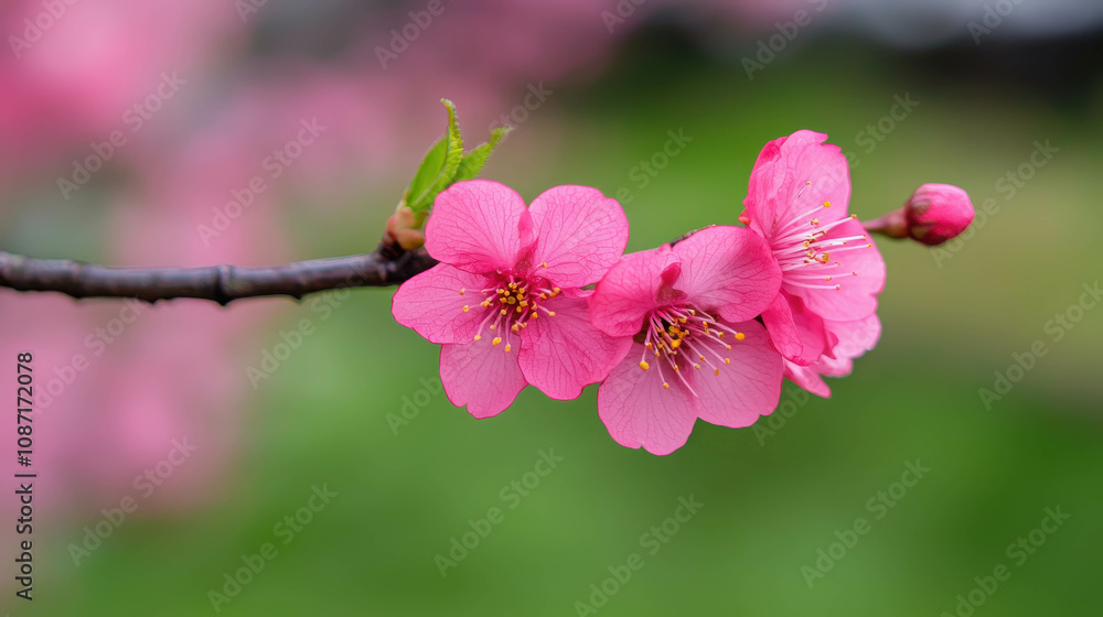Obraz premium Delicate Pink Cherry Blossom Flowers Blooming on Branch Against a Soft Green Background, Celebrating Nature's Beauty in Springtime Serenity and Vibrancy