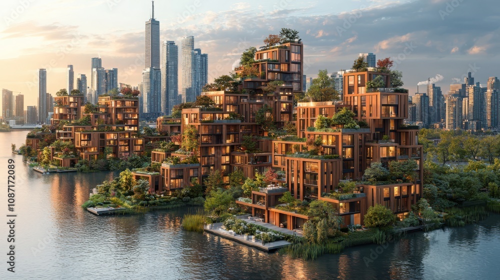 Obraz premium Harmonizing urban life a panoramic view of a nature-integrated cityscape