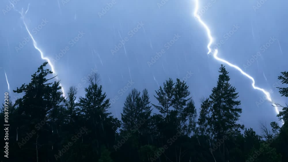 Dramatic zoom video of a dark forest with lightning striking a tree ...
