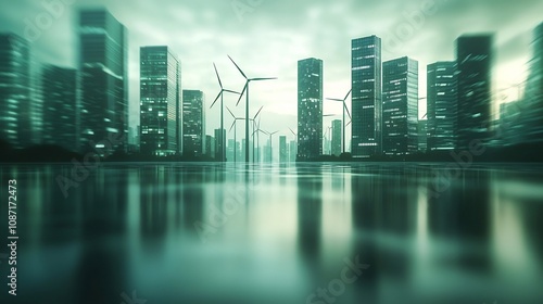 Eco Friendly Cityscape with Wind Turbines and Glowing Minimalist Buildings
