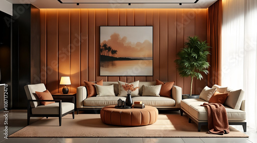 Luxurious Living Room Design with Tufted Tube Panel Walls and Cozy Color Palette and Plush Furnishings