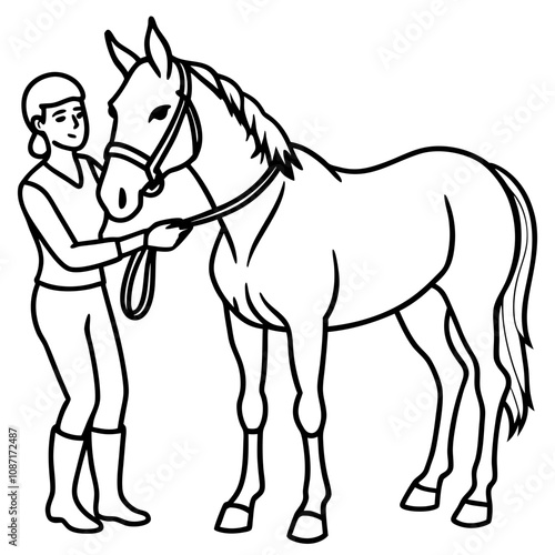 woman rider takes care of thoroughbred horse