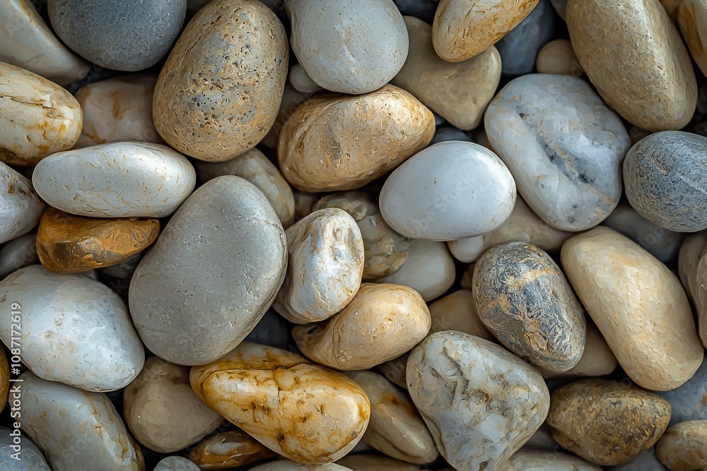 A Natural Mosaic of Smooth Pebbles in Various Shades and Textures A Natural Mosaic of Smooth Pebbles in Various Shades and Textures