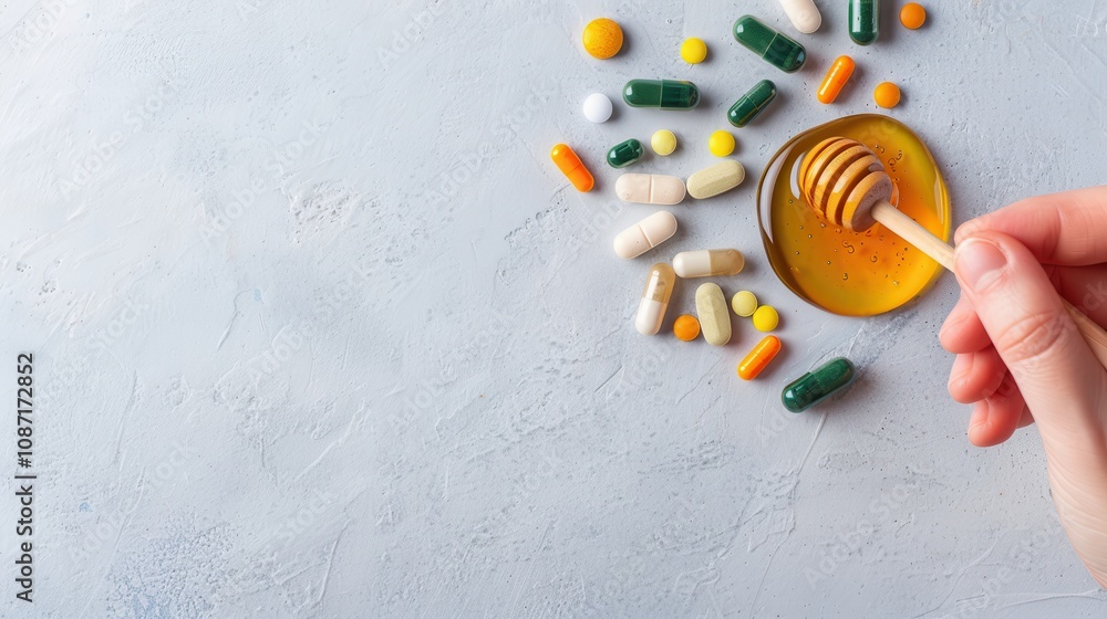Herbal remedies with honey and vitamin C boost immunity. Honey and vitamins on a gray background Herbal remedies with honey and vitamin C boost immunity. Honey and vitamins on a gray background