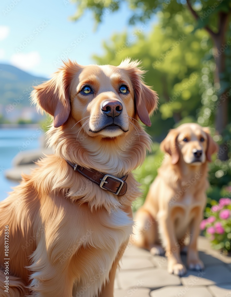two golden retrievers sitting next to each other on a patio surrounded by lush greenery, including trees, plants with flowers, and a body of water in the background two golden retrievers sitting next to each other on a patio surrounded by lush greenery, including trees, plants with flowers, and a body of water in the background