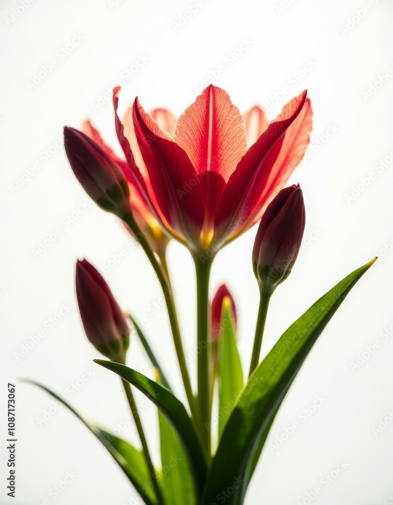 a vase filled with vibrant red tulips on top of a table, with their stems and leaves visible The petals of the tulips are a deep red color, and the leaves are a vi a vase filled with vibrant red tulips on top of a table, with their stems and leaves visible The petals of the tulips are a deep red color, and the leaves are a vi