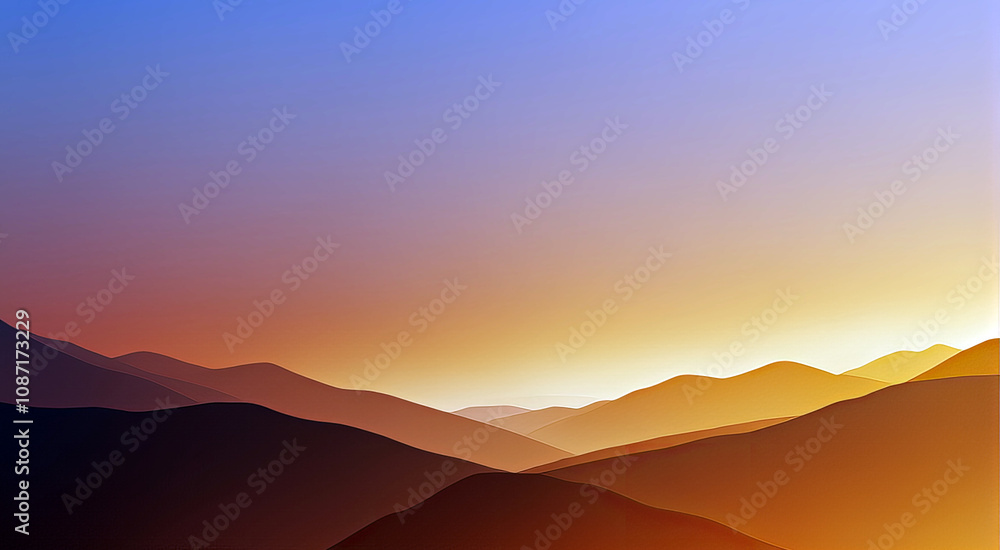 Minimalistic artwork depicting a gradient sky transitioning from blue to orange, with soft, layered hills in silhouette. Minimalistic artwork depicting a gradient sky transitioning from blue to orange, with soft, layered hills in silhouette.