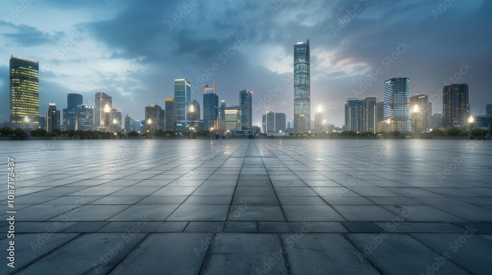 Empty square floor with city skyline background, Contemporary urban plaza with skyscrapers silhouette, evening glow Empty square floor with city skyline background, Contemporary urban plaza with skyscrapers silhouette, evening glow
