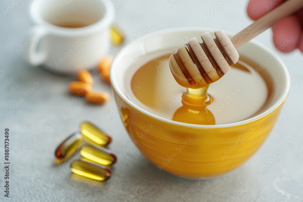 Herbal remedies with honey and vitamin C boost immunity. Honey and supplements in a bowl Herbal remedies with honey and vitamin C boost immunity. Honey and supplements in a bowl
