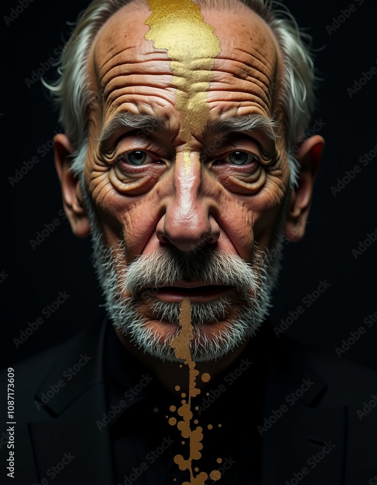 an older man with a beard and a gold paint on his face, set against a dark background an older man with a beard and a gold paint on his face, set against a dark background
