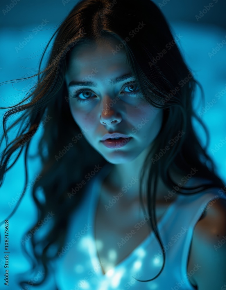 a woman with long brown hair wearing a white dress, illuminated by a blue light The background is blurred, giving the image a dreamy, ethereal feel a woman with long brown hair wearing a white dress, illuminated by a blue light The background is blurred, giving the image a dreamy, ethereal feel