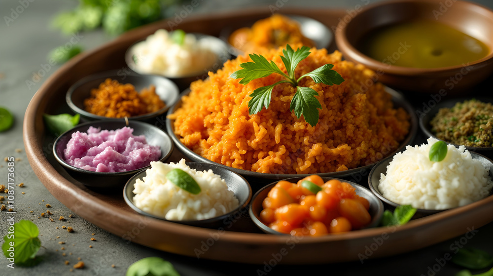 Aerial Perspective of a Vibrant Vegetarian Indian Feast with Spices and Culinary Textures Aerial Perspective of a Vibrant Vegetarian Indian Feast with Spices and Culinary Textures