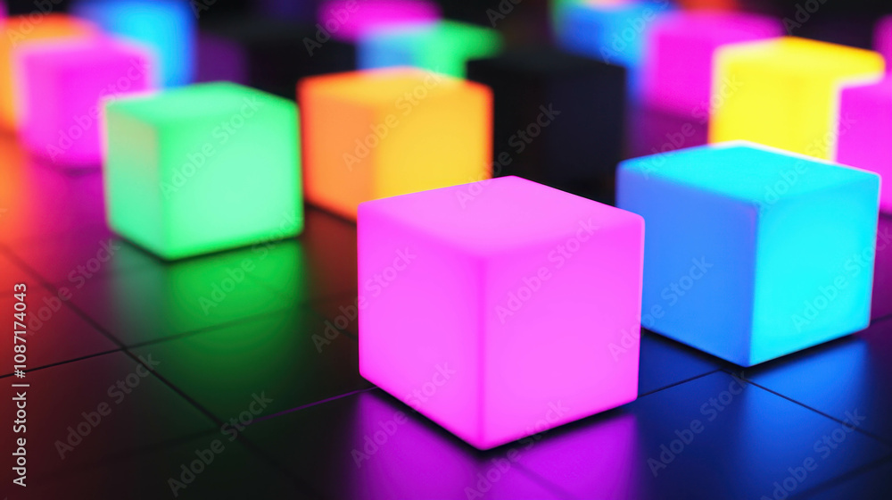 Colorful Abstract Illuminated Cubes on a Dark Background Creating a Vibrant Futuristic Atmosphere Ideal for Modern Design and Art Projects Colorful Abstract Illuminated Cubes on a Dark Background Creating a Vibrant Futuristic Atmosphere Ideal for Modern Design and Art Projects