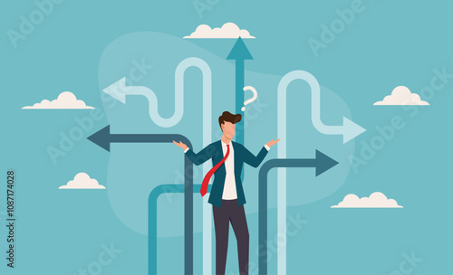 Businessman contemplating decisions, pondering multiple choices. Ideal for business concepts, decision making, uncertainty, career choices, and strategy visuals or presentations