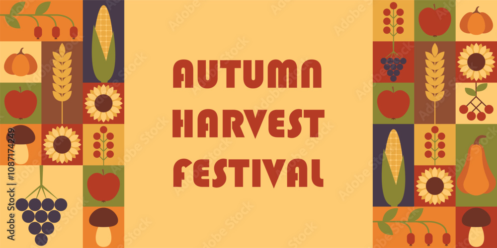 Fototapeta premium Autumn harvest festival. Holiday design. Template for banner, poster, background, greeting card with text inscription. Vector illustration