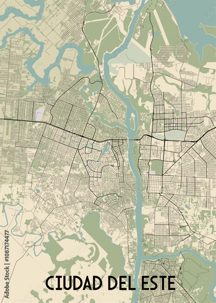 Fototapeta premium This is a detailed map of Ciudad del Este, a city in Paraguay. The map is rendered in a minimalist style with a beige background and black lines representing streets and waterways.
