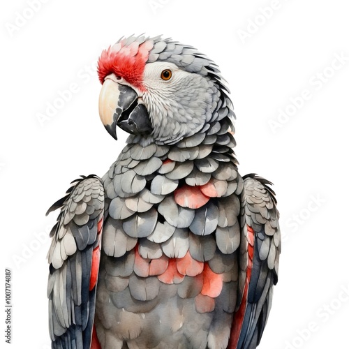 Watercolor illustration portrait of a cute adorable friendly african grey parrot tropical bird on isolated white background.
