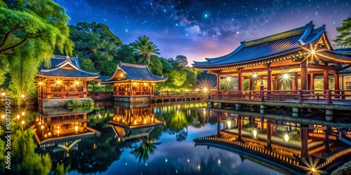 Serene Long Exposure View of Fukuoka Kushida Shrine at Night with Illuminated Lanterns and Stars Reflecting in the Peaceful Surroundings photo