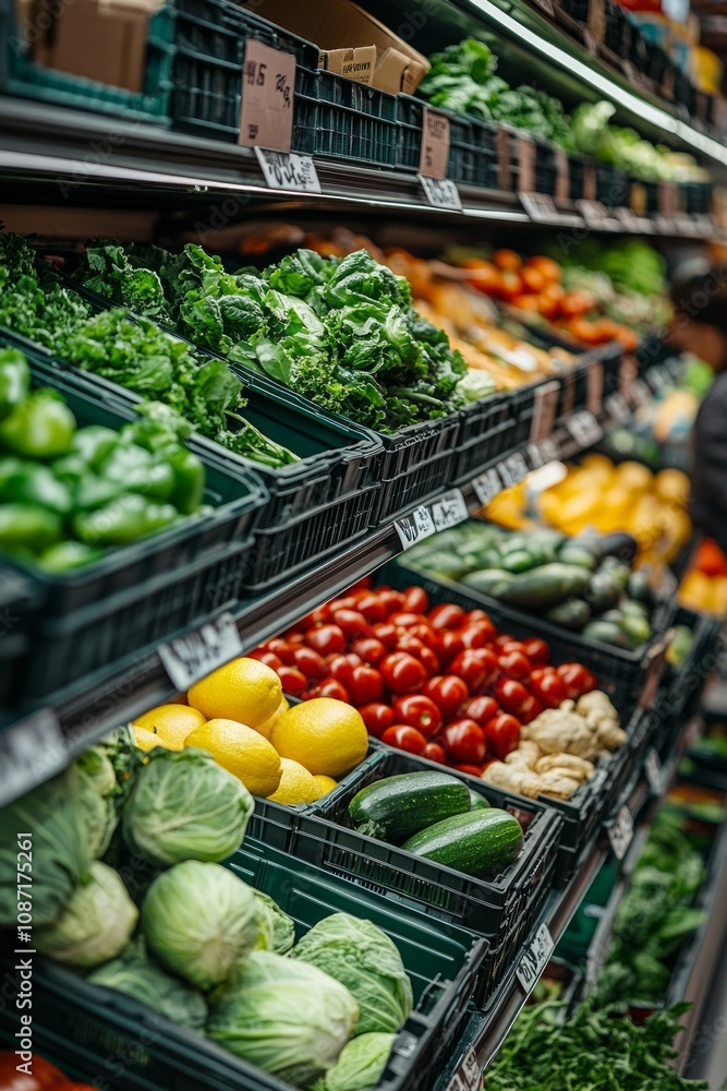 A vibrant supermarket aisle filled with an assortment of fresh vegetables and fruits, showcasing colorful produce as shoppers browse nearby A vibrant supermarket aisle filled with an assortment of fresh vegetables and fruits, showcasing colorful produce as shoppers browse nearby