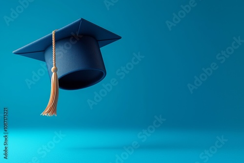 Floating mortarboard against a vibrant blue backdrop, symbolizing academic achievement and celebration of graduation.