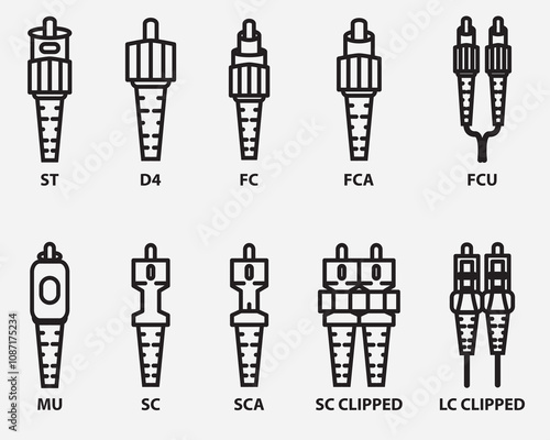 type of fiber optic cable connector outline icon collection isolated on background.network cable connector symbol