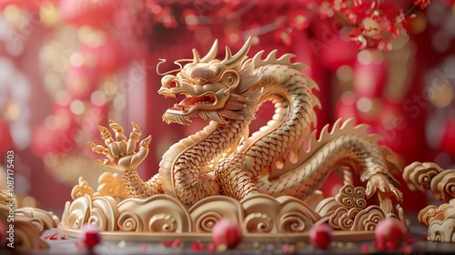 Golden Dragon Lunar New Year 3D Display: A majestic golden dragon takes center stage on an elegant podium, bathed in the rich red and gold hues of a vibrant Lunar New Year celebration