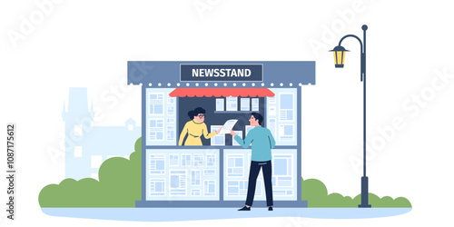 Buy newspaper in newsstand. Man buying paper magazine in city street kiosk. Positive man and female seller. Print and read daily news recent vector scene