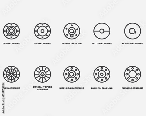 type of automotive gear coupling outline icon collection.car gear spare part pictogram vector illustration isolated on background