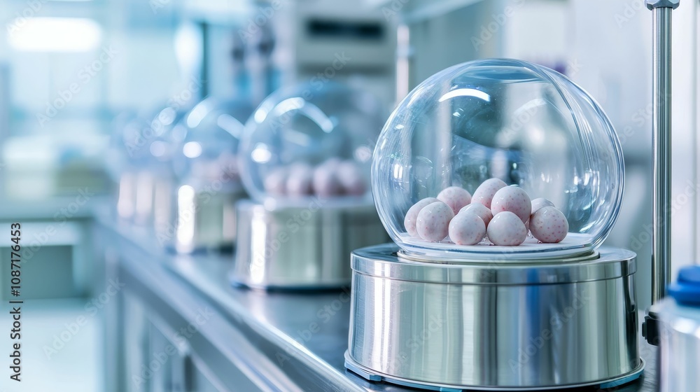 IVF embryo procedure concept, A modern kitchen scene featuring a sleek food display with transparent domes showcasing neatly arranged eggs. IVF embryo procedure concept, A modern kitchen scene featuring a sleek food display with transparent domes showcasing neatly arranged eggs.
