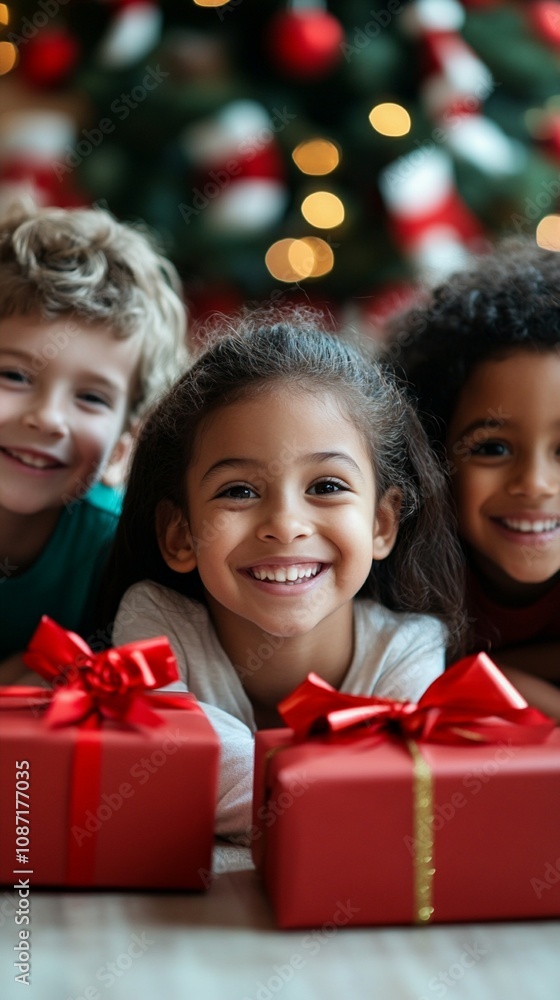Joyful children's faces peek over festive red gift boxes, their eyes sparkling with excitement against a backdrop of twinkling Christmas lights and ornaments. Joyful children's faces peek over festive red gift boxes, their eyes sparkling with excitement against a backdrop of twinkling Christmas lights and ornaments.