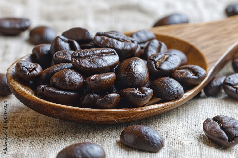 Obraz premium Roasted Coffee Beans Fill Wooden Spoon Gently on Linen Background