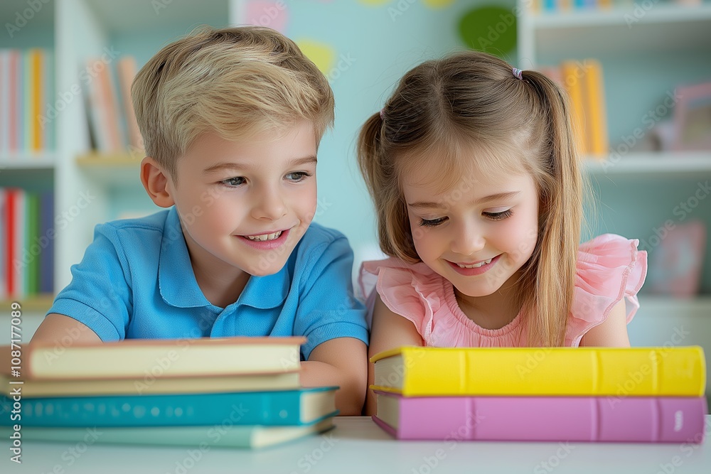 Children reading with joy in a colorful library, promoting early literacy and education Children reading with joy in a colorful library, promoting early literacy and education