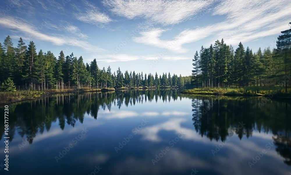 Calm lake reflecting a clear blue sky and surrounding pine trees Calm lake reflecting a clear blue sky and surrounding pine trees
