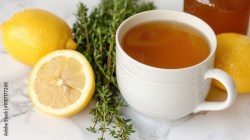 Herbal remedies with honey and vitamin C boost immunity. Lemon tea with thyme and fresh lemons