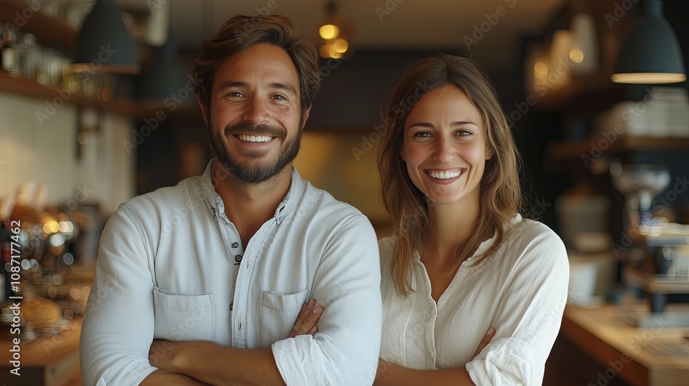 A man and a woman are smiling for the camera in a restaurant. The man is wearing a white shirt and the woman is wearing a white shirt as well. They are posing for a photo together A man and a woman are smiling for the camera in a restaurant. The man is wearing a white shirt and the woman is wearing a white shirt as well. They are posing for a photo together
