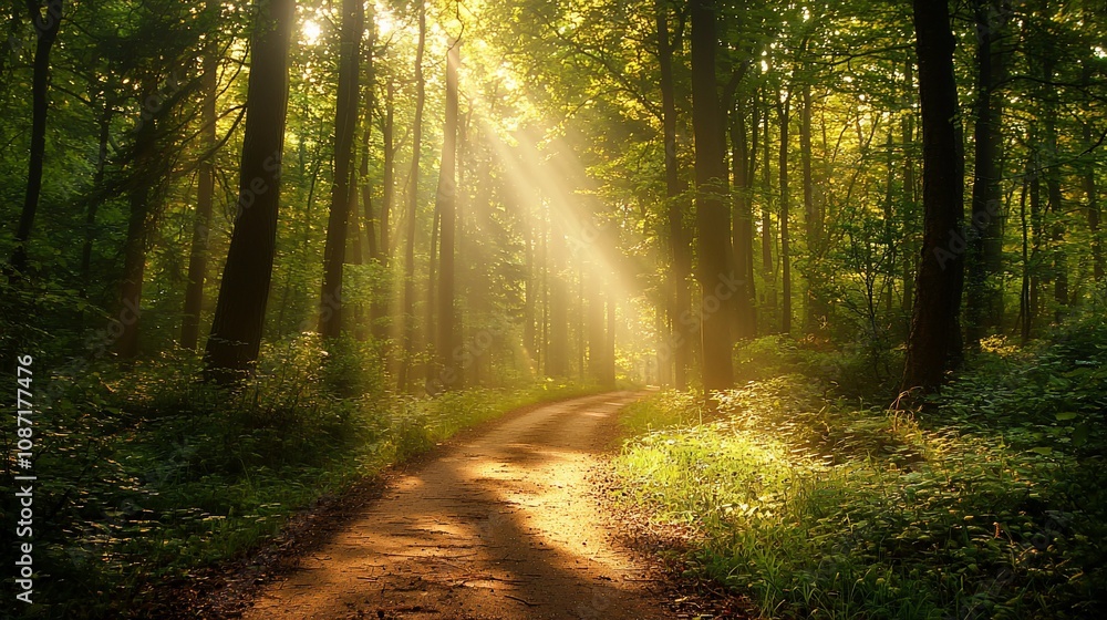 Fototapeta premium Serene Forest Path Illuminated by Sunlight