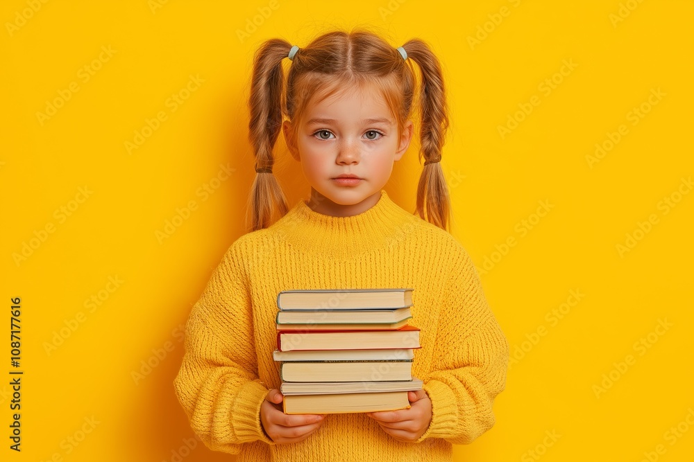 Young child holding books against vibrant yellow background for educational and learning concept in colorful creative designs Young child holding books against vibrant yellow background for educational and learning concept in colorful creative designs