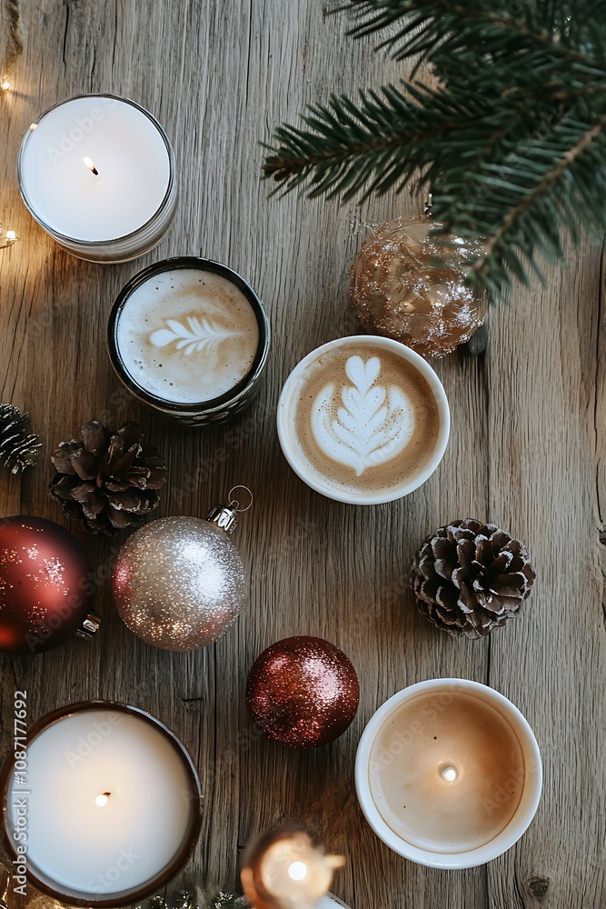 Festive Coffee Drinks and Candles on Wooden Table Festive Coffee Drinks and Candles on Wooden Table