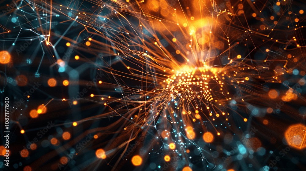 Close-up on a digital core of glowing fibers and circuits, portraying the heart of a powerful computational network and the complexity of its connections. Close-up on a digital core of glowing fibers and circuits, portraying the heart of a powerful computational network and the complexity of its connections.