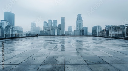 Empty square floor with city skyline background, Contemporary cityscape with spacious square, evening glow